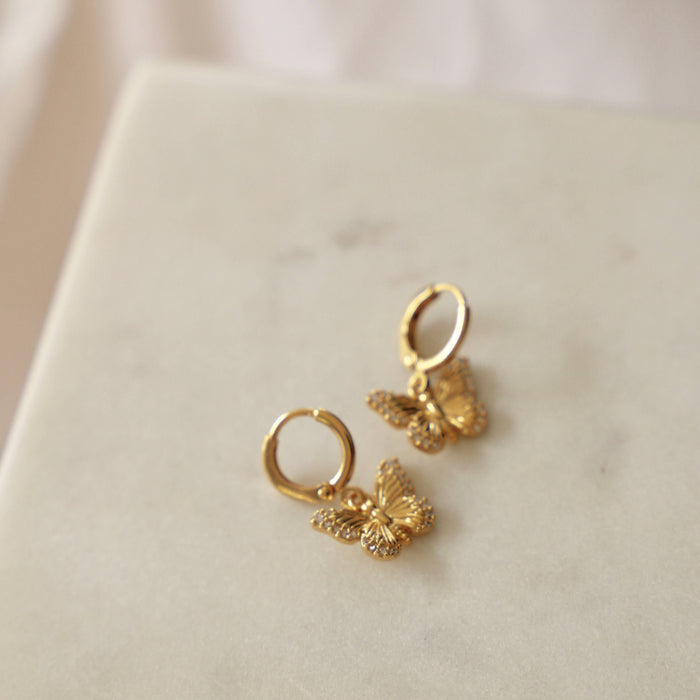 E1428G Gold Earrings-Butterfly Huggie Hoops