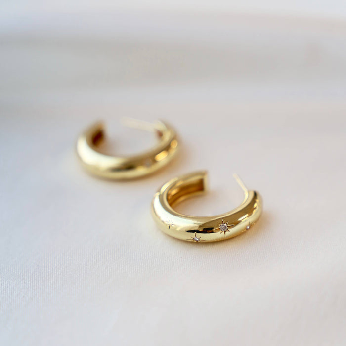 E1550G Gold Earrings-Meredith CZ Star Thick Hoops