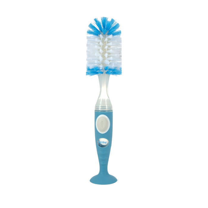 The Easy Clean Soap Dispensing Brush with Suction Base features stiff bristles, a blue and white design, built-in soap dispenser, suction base, handle with button and logo, and stands upright on a white background.