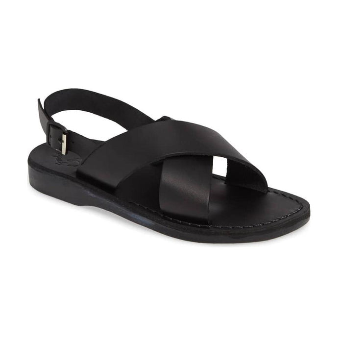 Elan Buckle black, handmade leather sandals with back strap - Front View