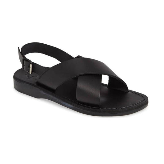 Elan Buckle black, handmade leather sandals with back strap - Front View