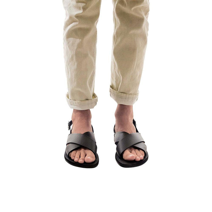 Model wearing Elan Buckle black, handmade leather sandals with back strap - Front View