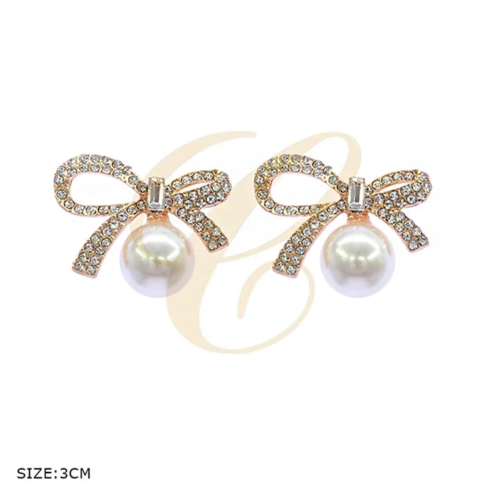Elegant Bow Pearl Drop Earrings with Sparkling Rhinestones | Cute Coquette Bridal & Prom Stud Earrings (RER-2674GS)