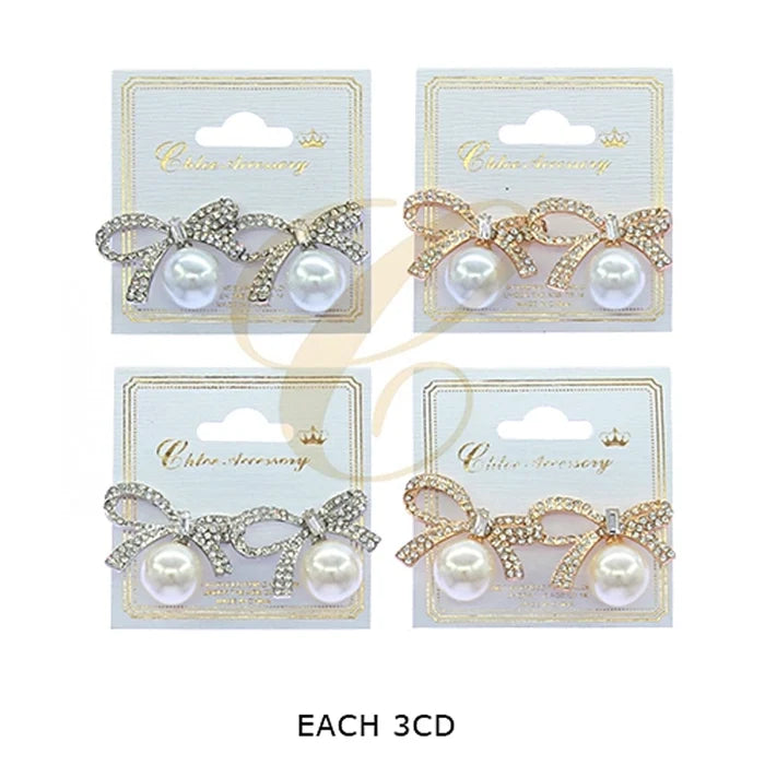 Elegant Bow Pearl Drop Earrings with Sparkling Rhinestones | Cute Coquette Bridal & Prom Stud Earrings (RER-2674GS)