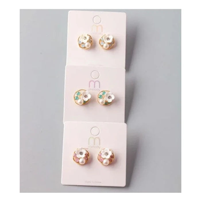 Elegant Cherry Blossom Stud Earrings with Faux Pearl and Crystal Accents – Gold-Tone Floral Jewelry (ER40130)
