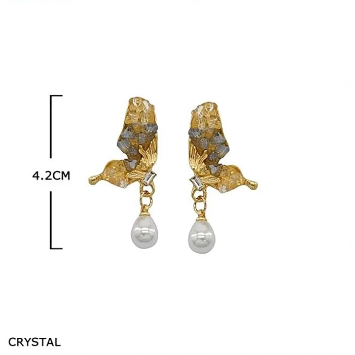 Elegant Crystal Butterfly Drip Pearl Earrings – Statement Raw Quartz Druzy Drop Earrings for Women (EF-2102GS)