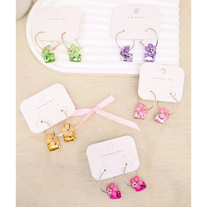 Elegant Flower Charm Hoop Earrings with Rhinestone Crystal Geometric Pendant (AER1955)