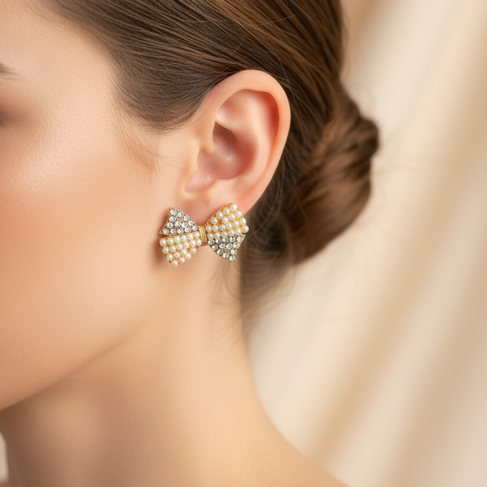 Elegant Mini Bow Hair Claw Clips – Rhinestone & Pearl Accents (2.2cm) (EF-1233GS)