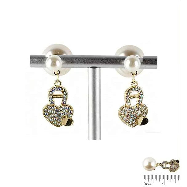 Elegant Rhinestone Heart Padlock Front-Back Pearl Stud Earrings (IER-6031)