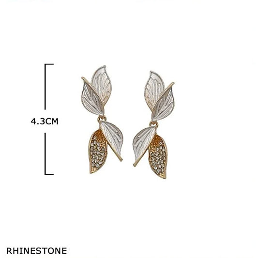Elegant Rhinestone Leaf Dangle Earrings – Two-Tone Enamel & Crystal Drop Earrings for Women, Nature-Inspired Statement Jewelry (4.3cm) (EF-2132GS)