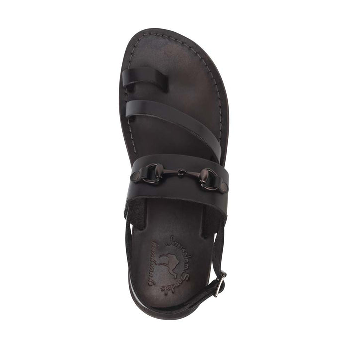 Eliphaz brown, handmade leather sandals with back strap and toe loop, up view