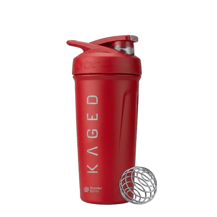 Front view of Elite Strada shaker bottle in red showing push button cap, vertical KAGED logo, mixing ball on white background