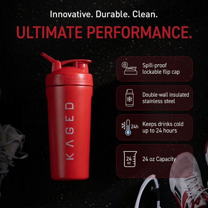 Promo graphic: red Elite Strada shaker, ‘Ultimate Performance’ - spill-proof cap, insulated stainless steel, 24 oz, cold 24h