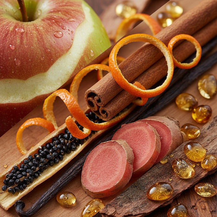 Explore the scent profile - Top Notes: McIntosh Apple, Cinnamon, Mandarin Zest
Middle Notes: Red Ginger, Vanilla Bean, Cardamom
Base Notes: Golden Amber, Applewood, Sweet Musk