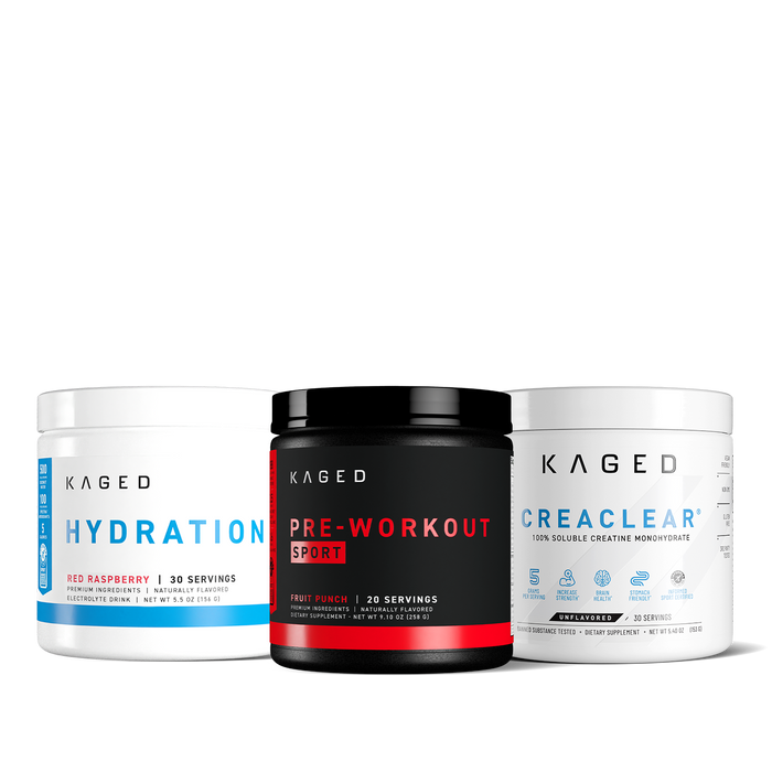 Three KAGED tubs: Hydration, Pre-Workout Sport, and CreaClear creatine on black background