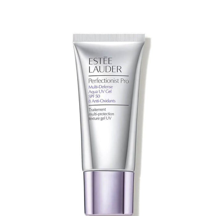 Estée Lauder Perfectionist Pro Multi-Defense Aqua UV Gel SPF 50 with 8 antioxidants in a 30ml container, displayed in a Grace Beauty image.