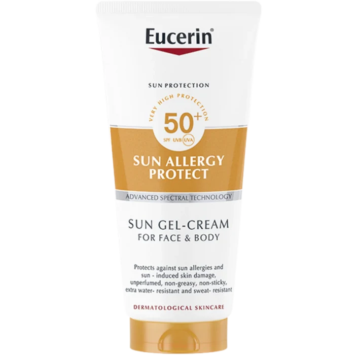 Eucerin Sun Allergy Protect SPF50+ sun cream gel for face and body, 200ml, moisturizing sunscreen in a tube.