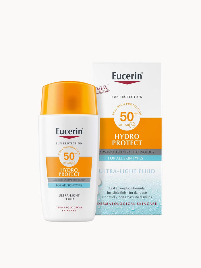 Eucerin Sun Face Hydro Protect Ultra Light Fluid SPF50 suncreen tube, lightweight and hydrating facial sun protection product.