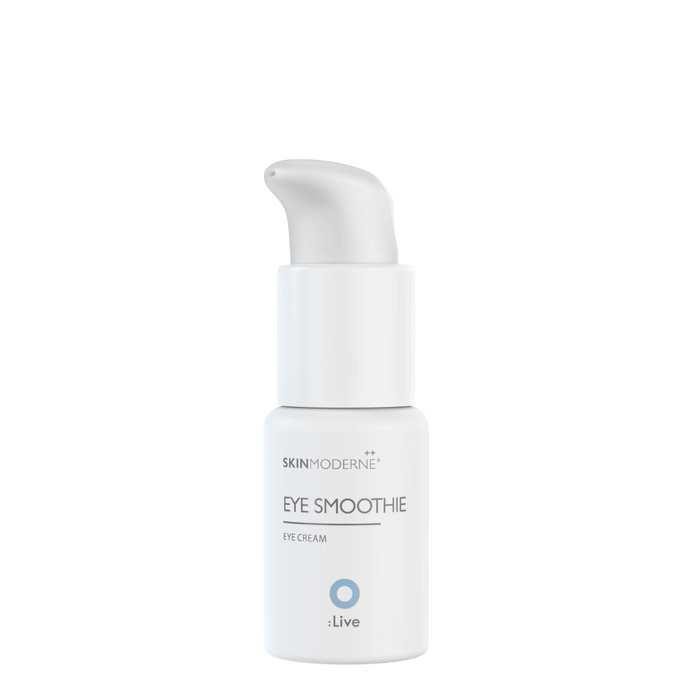White pump bottle of Eye Smoothie | Skin Moderne eye cream for skincare, featuring minimalist design against a white background.