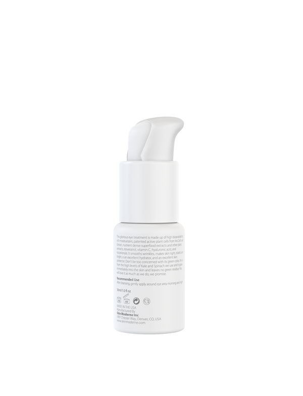 White skincare bottle with a pump dispenser for Eye Smoothie | Skin Moderne, designed for gentle application around the eye area as part of a wellness skincare routine.