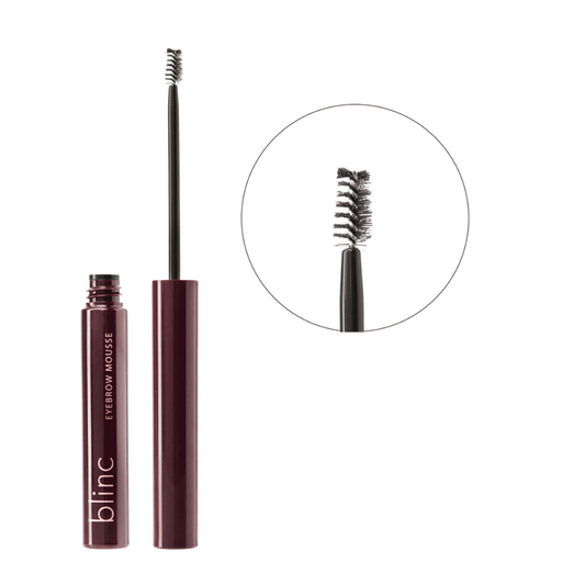 Eyebrow Mousse | Blinc in a dark maroon tube with a spoolie brush applicator designed for precise eyebrow grooming and shaping.