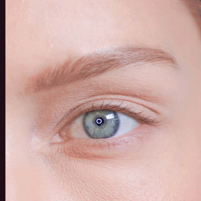 Close-up comparison of an eyebrow before and after application of Eyebrow Mousse | Blinc, showing fuller, more defined natural-looking brows with a smooth finish.