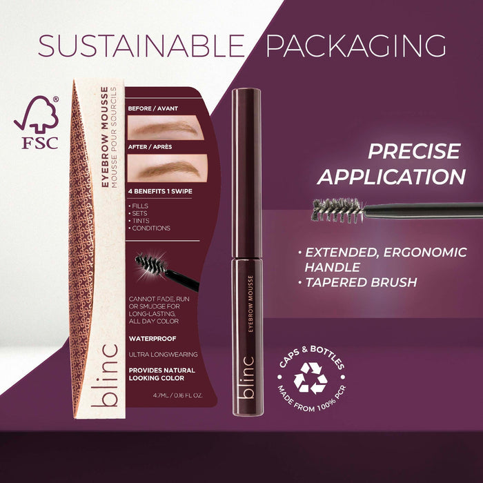 Packaging and product image of Eyebrow Mousse | Blinc featuring sustainable materials, a tapered brush for precise application, and a before-and-after eyebrow color demonstration.