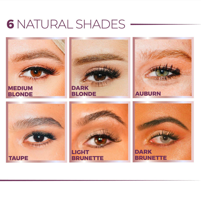 Close-up images of six natural eyebrow shades featuring the Eyebrow Mousse | Blinc on models with medium blonde, dark blonde, auburn, taupe, light brunette, and dark brunette eyebrow colors.
