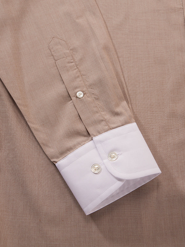 Fil A Fil Sand Solid Full Sleeve Single Cuff Tailored Fit Classic Formal Cotton Shirt