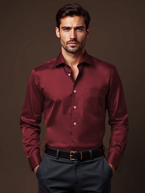 Fine Twill Maroon Solid Full Sleeve Single Cuff Tailored Fit Semi Formal Super Fine Cotton Shirt