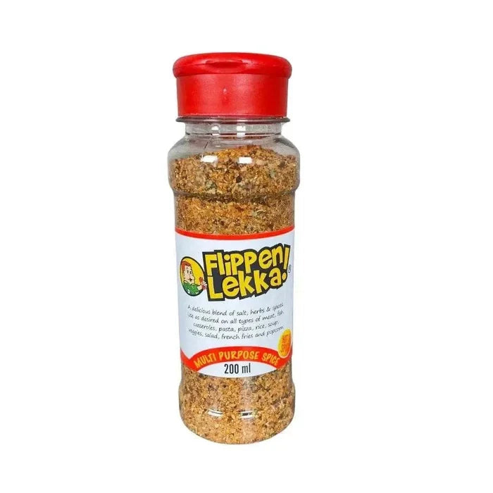 Flippen Lekka Spice Multi Purpose HOT 200ml bottle with chili, cumin, paprika, and garlic ingredients