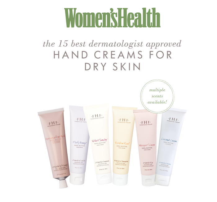 Collection of six pastel-colored hand cream tubes including Fluffy Bunny® Shea Butter Hand Cream | Farmhouse Fresh, displayed as part of Women’s Health dermatologist-approved hand creams for dry skin.