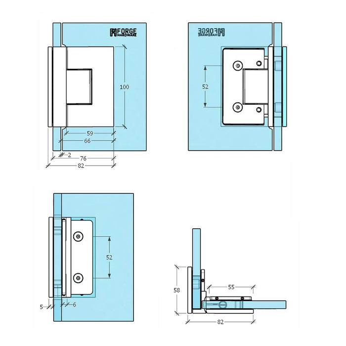 Forge Frameless Shower Hinge Heavy Duty Adjustable Glass to Glass 90 Degrees - Satin Chrome - Image 4