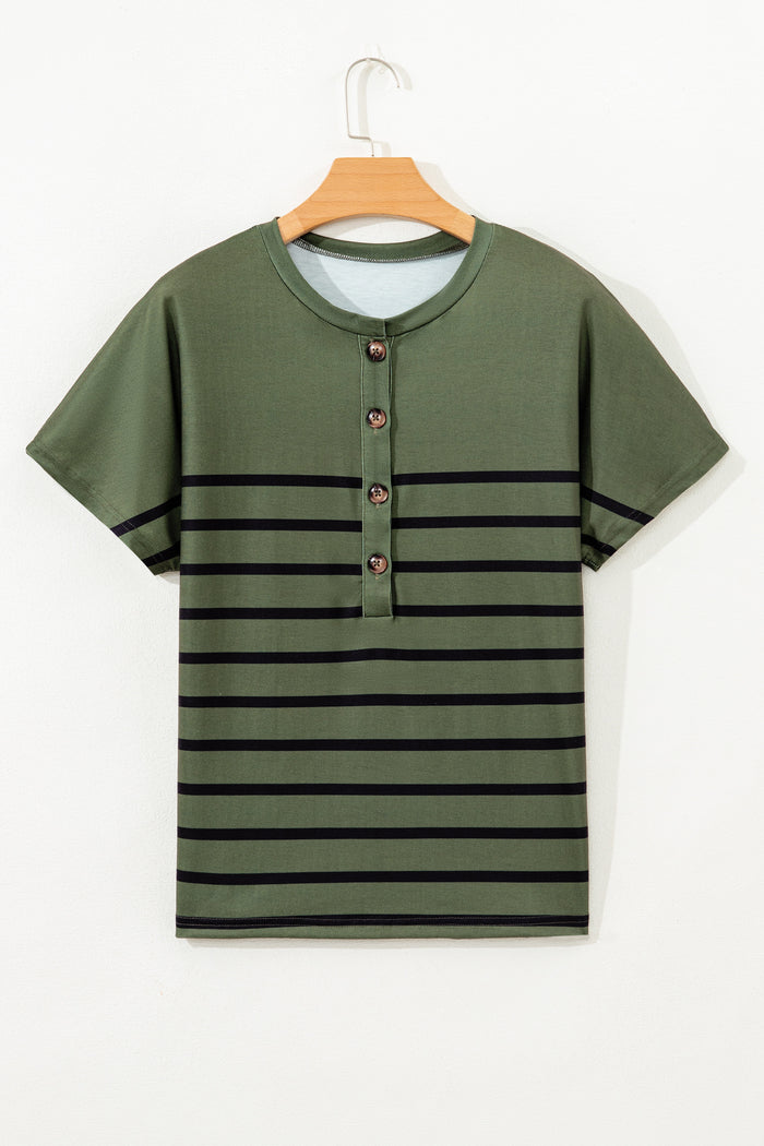 Four Leaf Clover Striped Half Buttons Crew Neck T-Shirt