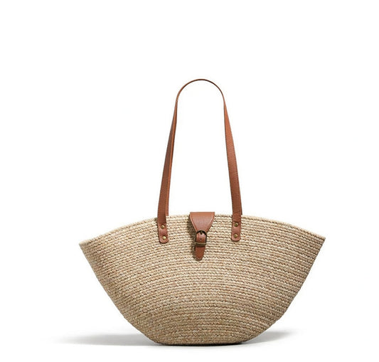 Grace Beauty French style basket bag, summer straw tote handbag with woven design and handles, perfect for market and casual outings.