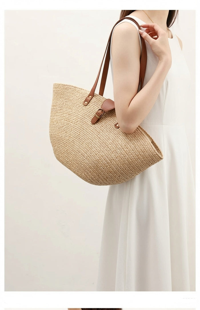 French style basket bag by Grace Beauty, summer straw tote handbag with woven design, perfect for market and casual outings.