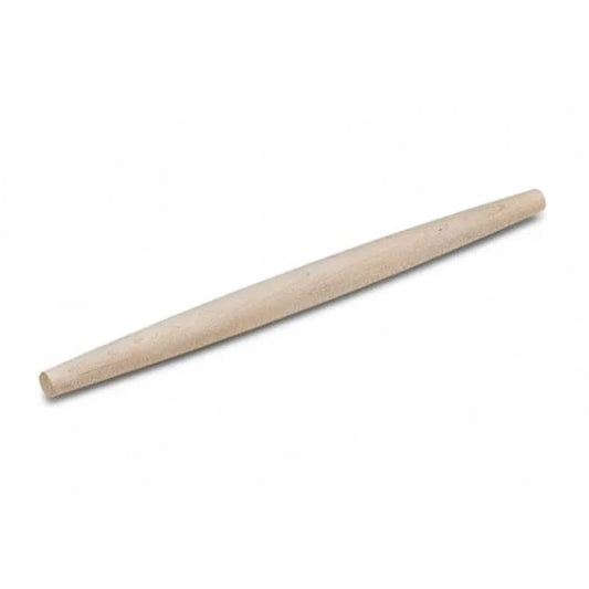 A beige, tapered French rolling pin made of wood, displayed on a white background.