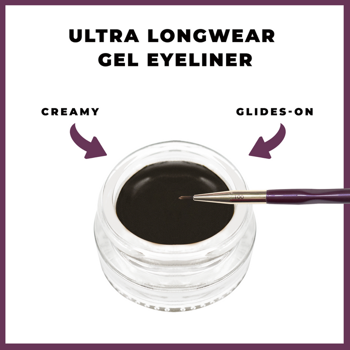 Close-up of a jar of black creamy gel eyeliner with a fine brush applicator resting on the jar, highlighting the smooth, glides-on texture of Gel Eyeliner | Blinc.