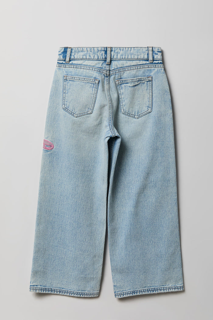 Girls Bow Embroidered Mid Rise Super Baggy Jean