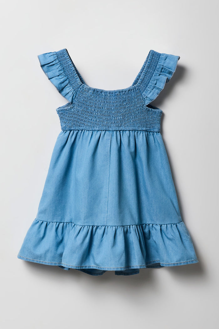Girls Chambray Flutter Sleeve Romper Dress