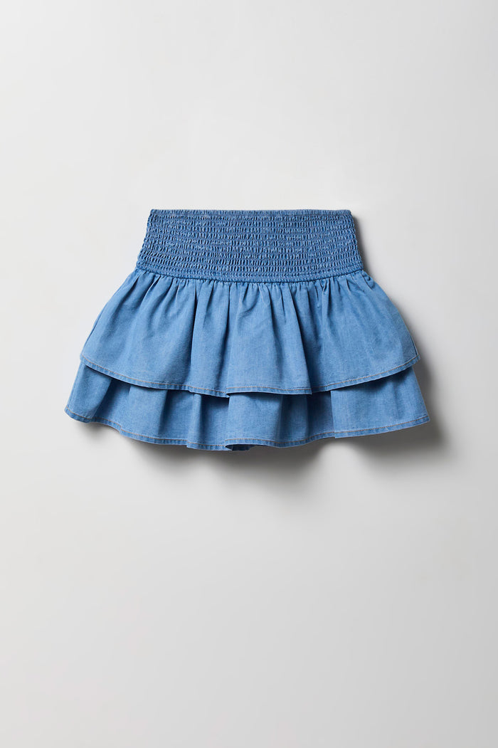 Girls Smocked Ruffle Tiered Chambray Skort