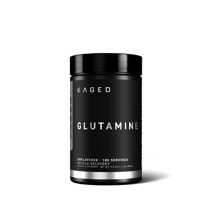 Front view of Glutamine 500 g jar, unflavored, showing KAGED logo and large GLUTAMINE label on black background