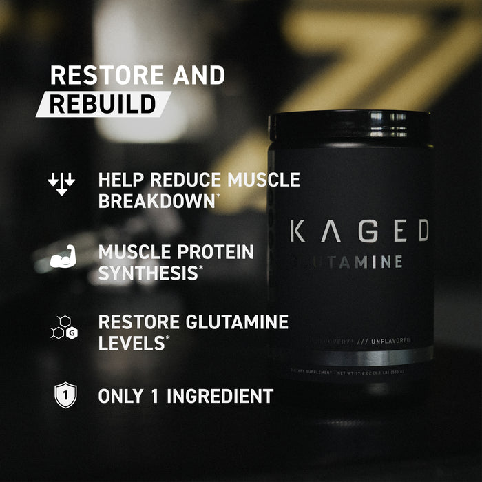 Infographic 'Restore and Rebuild': reduce muscle breakdown, increase protein synthesis, restore glutamine; KAGED jar right