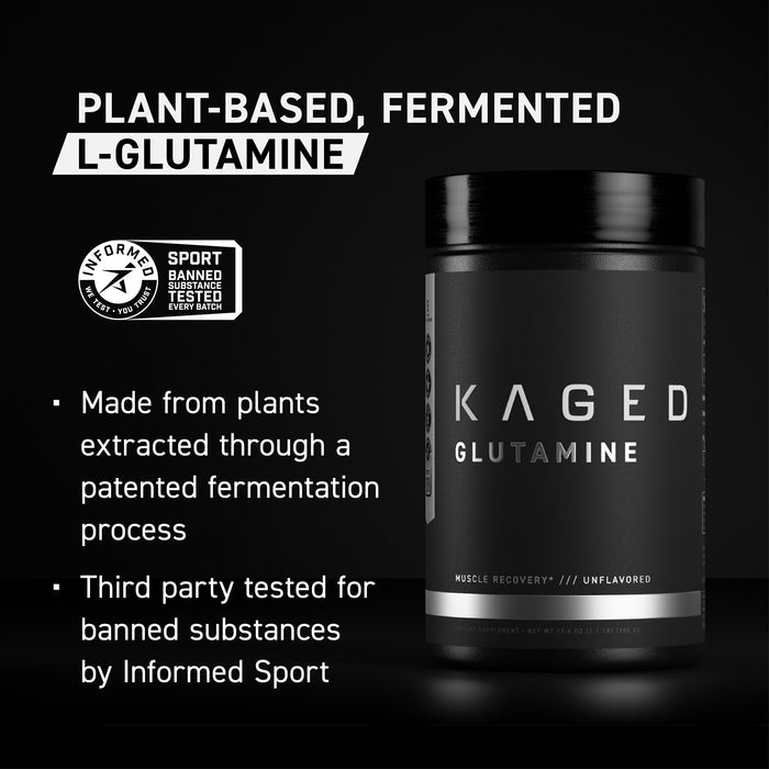 Right view of Kaged L-Glutamine jar with headline 'Plant-based, fermented L-Glutamine' and Informed Sport badge