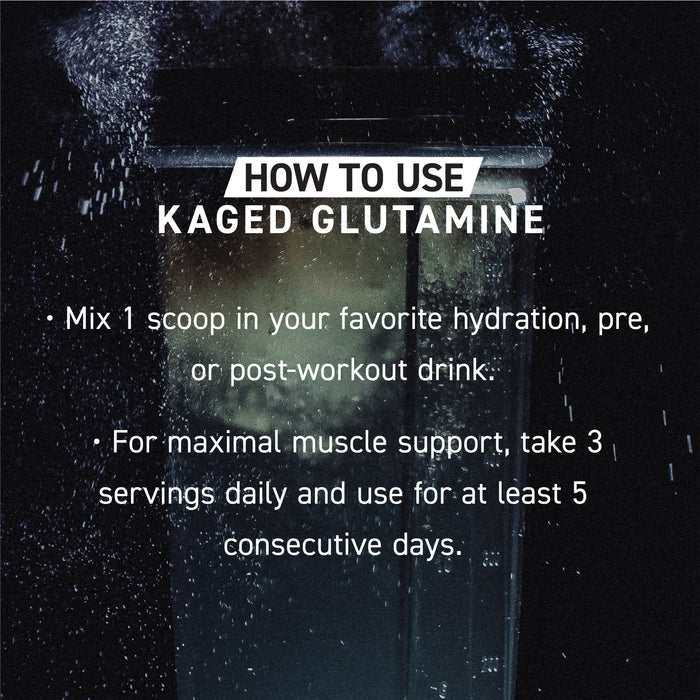 Instructional graphic showing headline 'HOW TO USE KAGED GLUTAMINE' and directions to mix 1 scoop and take 3 servings daily
