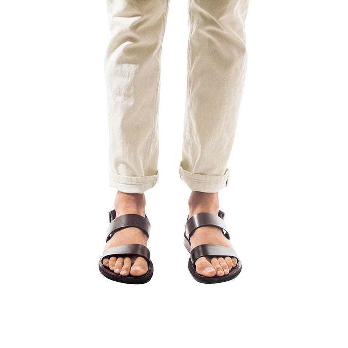 Model wearing Golan brown, handmade leather sandals with back strap