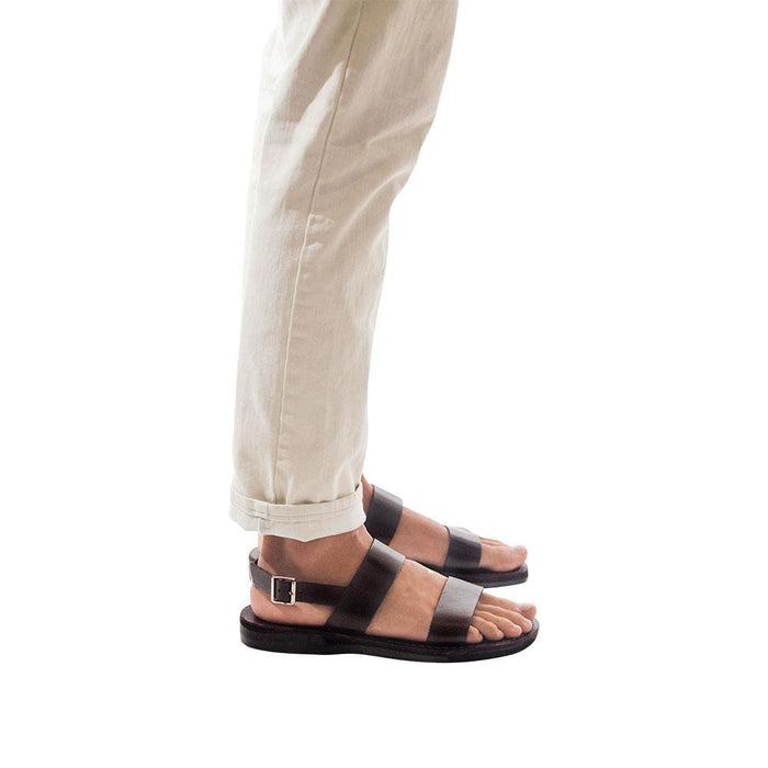 Model wearing Golan brown, handmade leather sandals with back strap