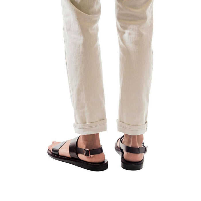 Model wearing Golan brown, handmade leather sandals with back strap