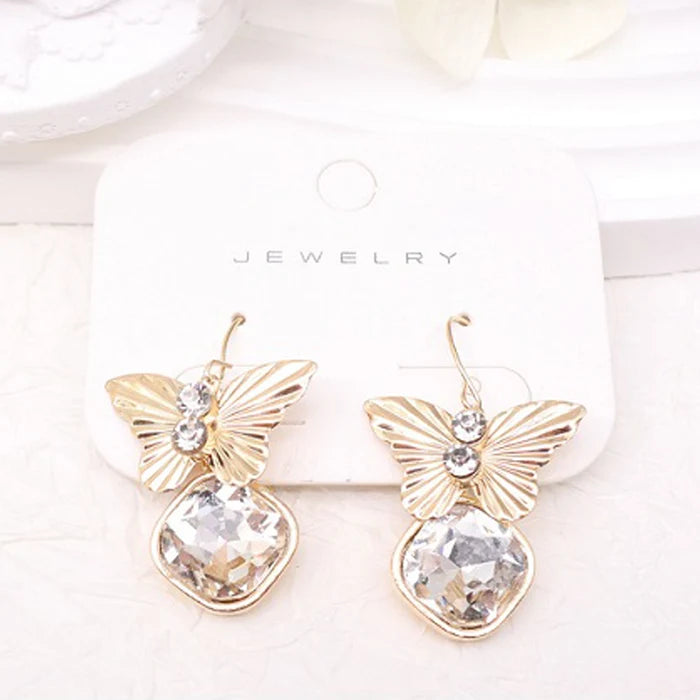 Gold and Silver Butterfly Crystal Drop Earrings - Elegant Rhinestone Dangle Jewelry (AER1903)