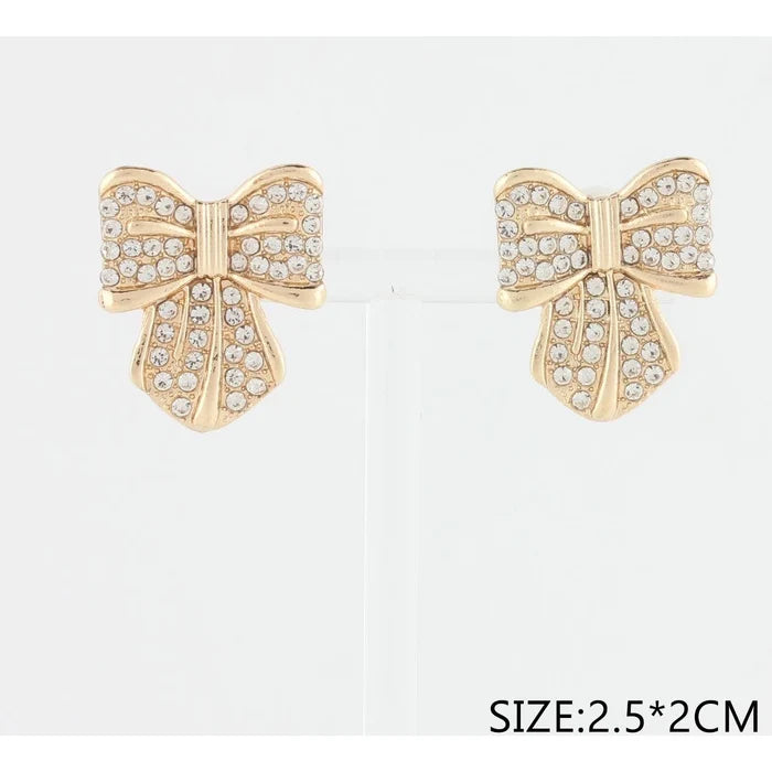 Gold & Silver Rhinestone Bow Clip-On Earrings – Elegant Crystal Non-Pierced Statement Earrings (CR3784)